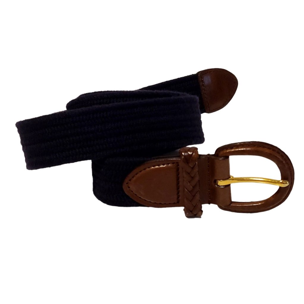 Talbots Men's Belt Brown Leather Tab With Blue Fabric Weave Adjustable Size 38